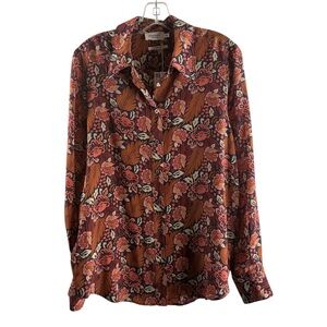 MONOPRIX PREMIUM RED/MULTI FLORAL LONG SLEEVE BUTTON FRONT SILK BLOUSE NWT